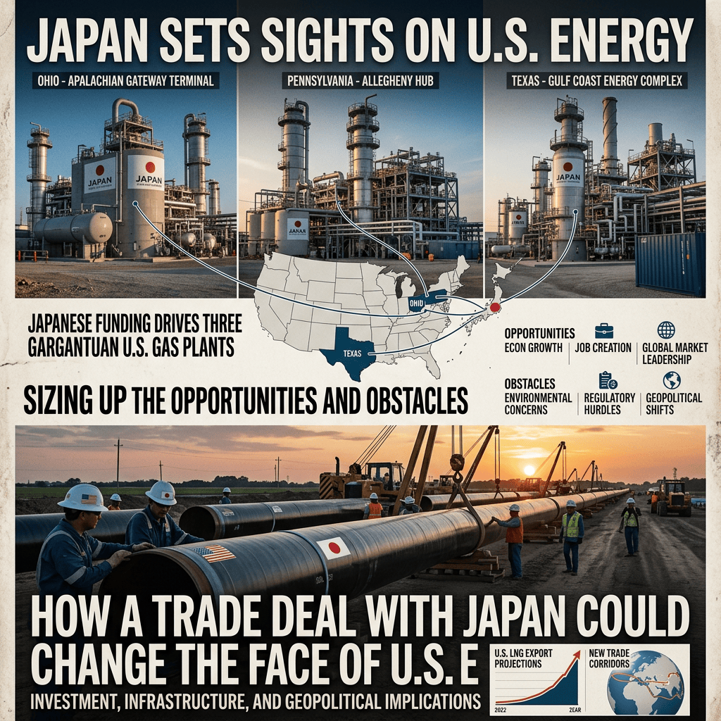 Infographic text: "JAPAN SETS SIGHTS ON U.S. ENERGY"; "OHIO - APPALACHIAN GATEWAY TERMINAL"; "PENNSYLVANIA - ALLEGHENY HUB"; "TEXAS - GULF COAST ENERGY COMPLEX"; "JAPANESE FUNDING DRIVES THREE GARGANTUAN U.S. GAS PLANTS"; "SIZING UP THE OPPORTUNITIES AND OBSTACLES"; "OPPORTUNITIES: ECON GROWTH, JOB CREATION, GLOBAL MARKET LEADERSHIP"; "OBSTACLES: ENVIRONMENTAL CONCERNS, REGULATORY HURDLES, GEOPOLITICAL SHIFTS"; "HOW A TRADE DEAL WITH JAPAN COULD CHANGE THE FACE OF U.S. ENERGY"; "INVESTMENT, INFRASTRUCTURE, AND GEOPOLITICAL IMPLICATIONS"; "U.S. LNG EXPORT PROJECTIONS"; "NEW TRADE CORRIDORS". The graphic shows three U.S. gas plants, a map linking Ohio, Pennsylvania, and Texas with Japan, and workers installing a pipeline.