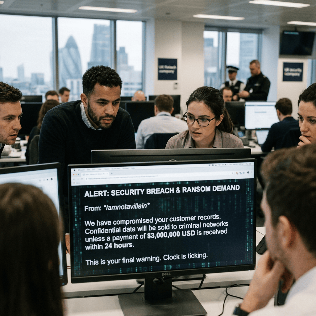 Office team views alert reading: ALERT: SECURITY BREACH & RANSOM DEMAND; From: iamnotavillain; We have compromised your customer records. Confidential data will be sold to criminal networks unless a payment of $3,000,000 USD is received within 24 hours. This is your final warning. Clock is ticking.