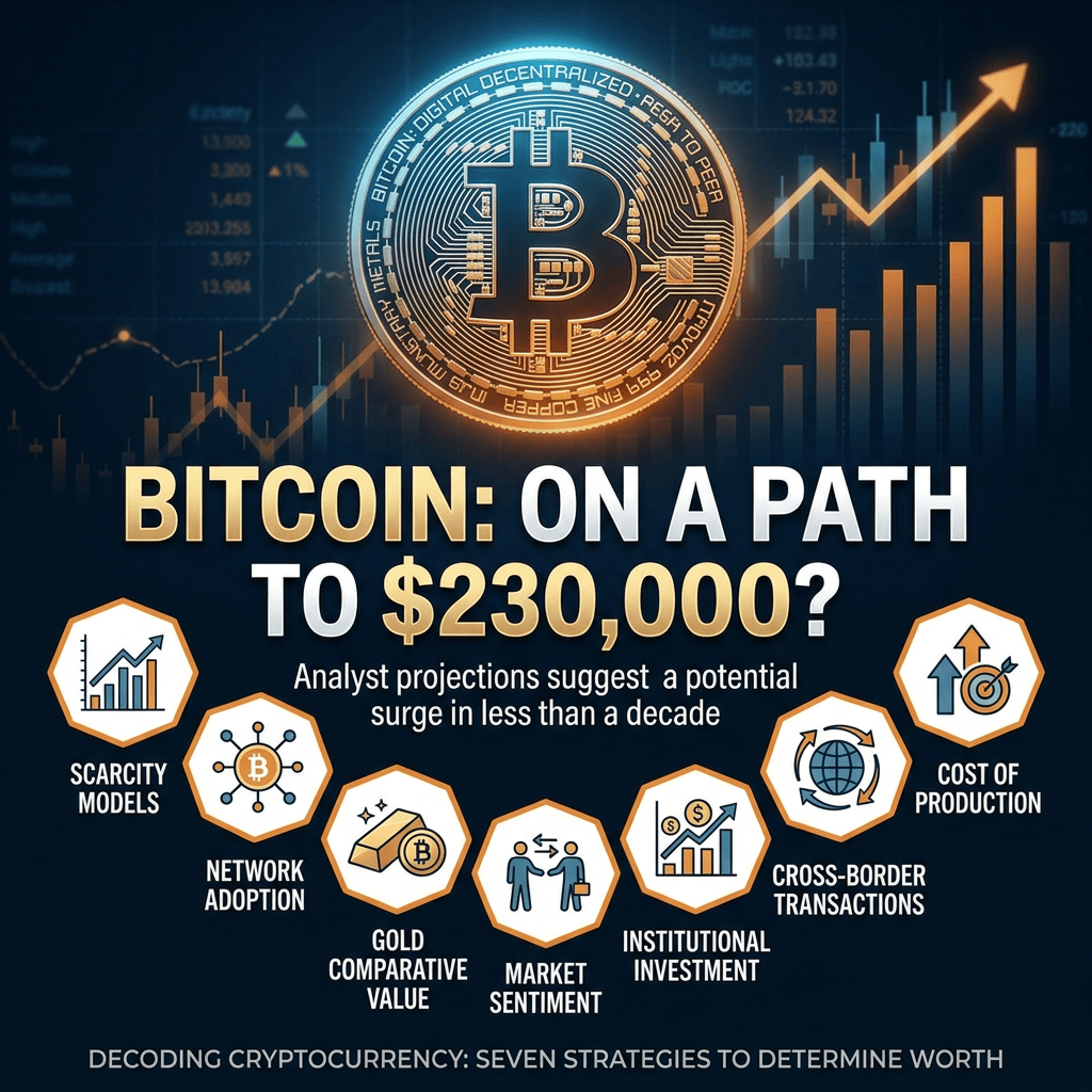 Bitcoin: On a Path to $230,000? Analyst projections suggest a potential surge in less than a decade. Seven factors: Scarcity Models, Network Adoption, Gold Comparative Value, Market Sentiment, Institutional Investment, Cross-Border Transactions, and Cost of Production. Decoding Cryptocurrency: Seven Strategies to Determine Worth.
