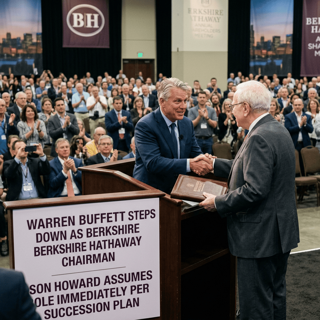 Warren Buffett and successor shake hands; sign reads, "WARREN BUFFETT STEPS DOWN AS BERKSHIRE HATHAWAY CHAIRMAN SON HOWARD ASSUMES ROLE IMMEDIATELY PER SUCCESSION PLAN."