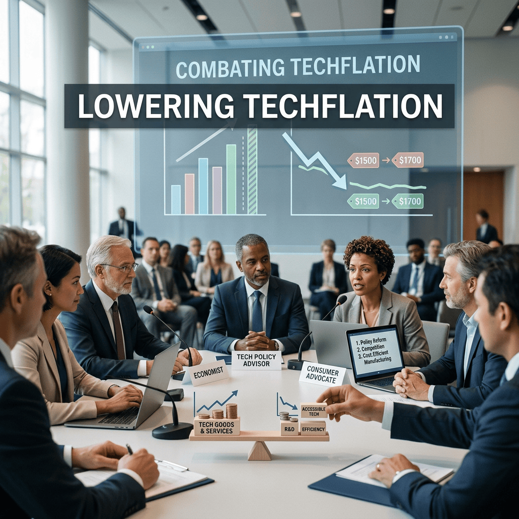 Panel discussing “LOWERING TECHFLATION” with charts on technology prices and policy solutions