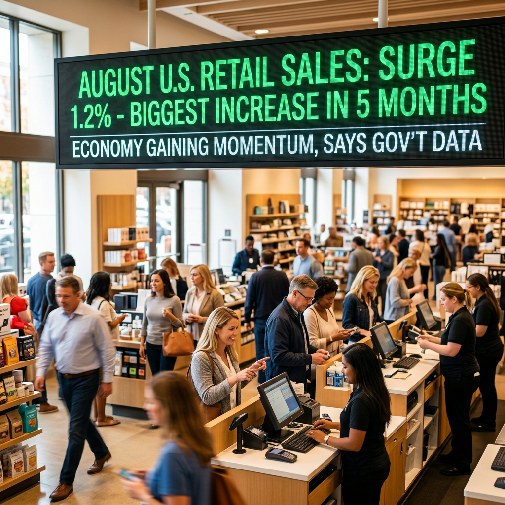 Digital sign reads August U.S. retail sales surged 1.2%, biggest increase in five months; economy gaining momentum