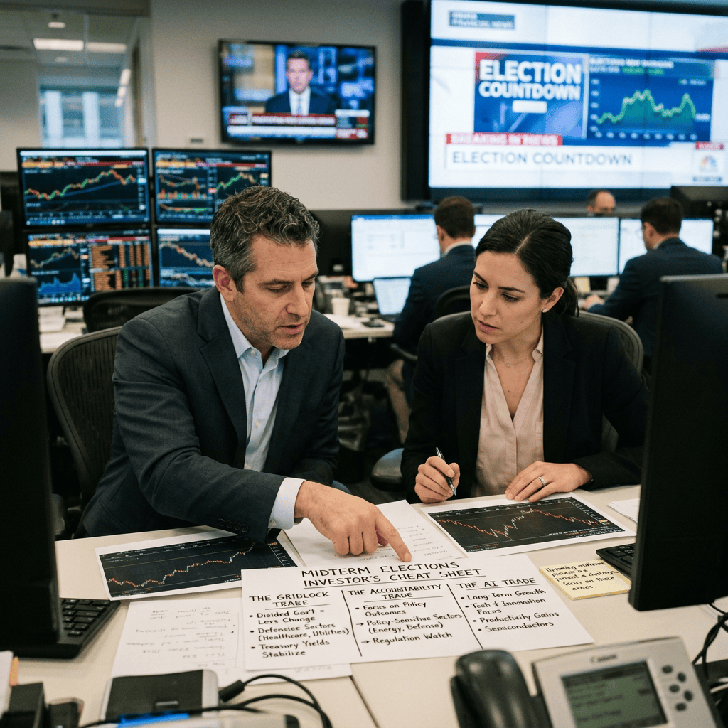 Two professionals reviewing market charts beside an election countdown screen and investor cheat sheet