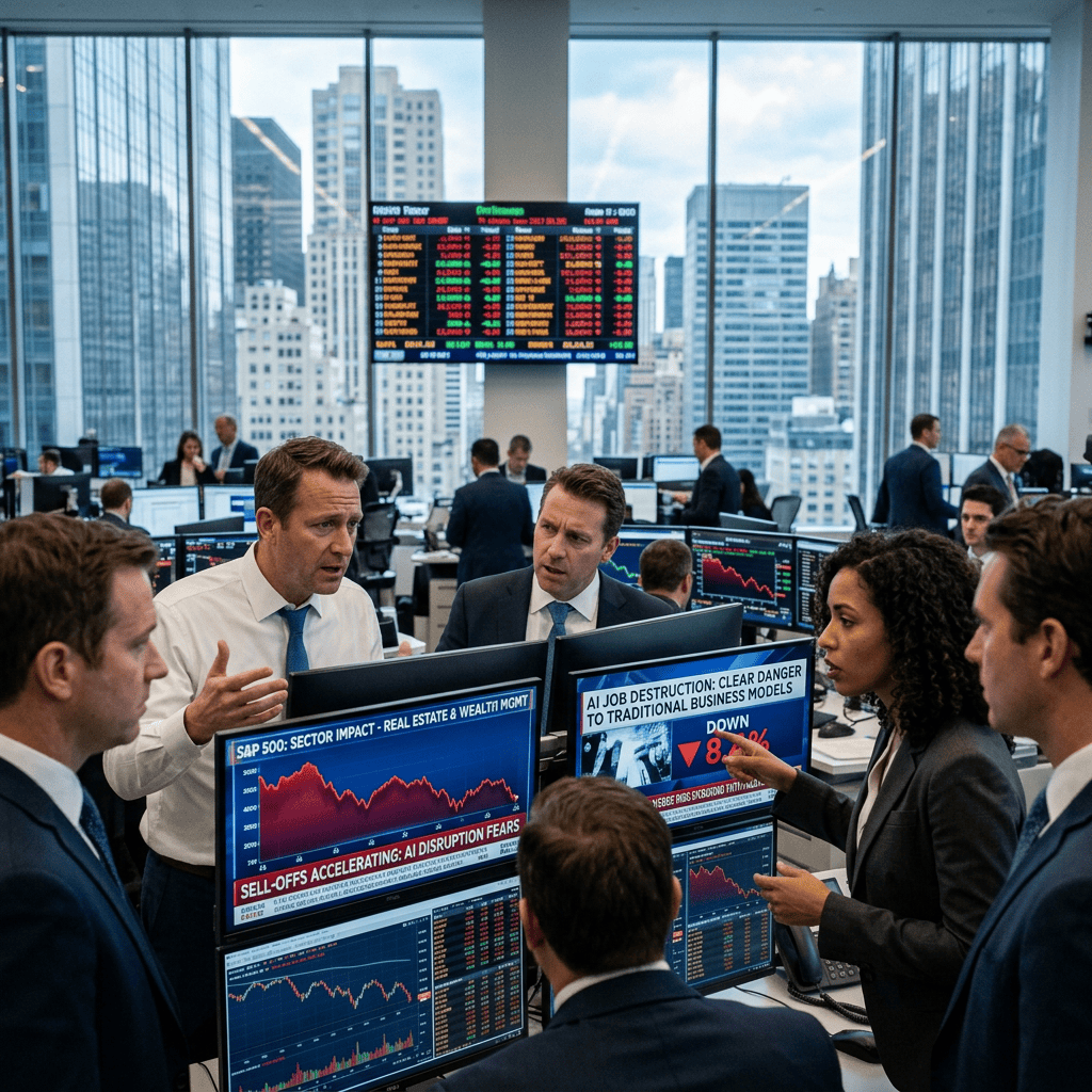Traders discuss declining stock markets beside screens labeled “AI JOB DESTRUCTION” and “S&P 500.”