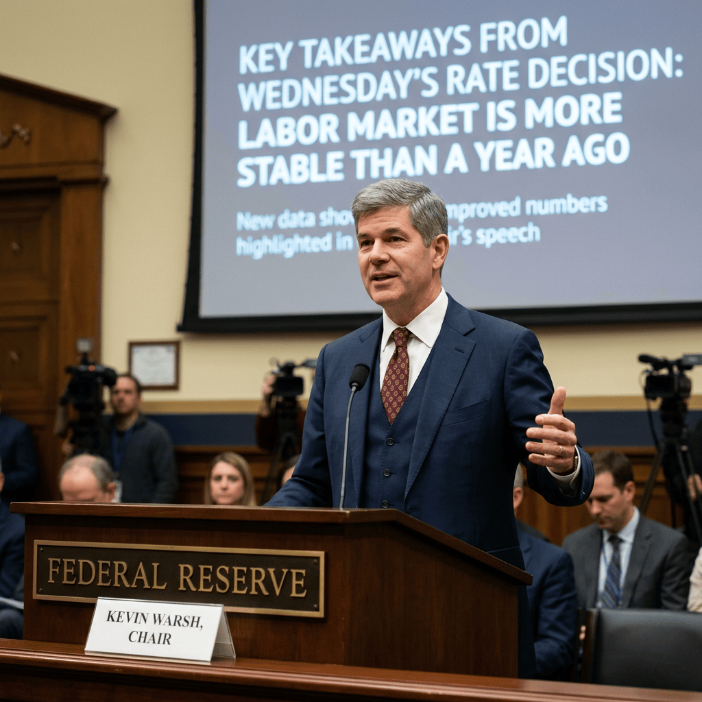 Kevin Walsh, Chair, speaks at a Federal Reserve podium beneath text reading “KEY TAKEAWAYS FROM WEDNESDAY’S RATE DECISION: LABOR MARKET IS MORE STABLE THAN A YEAR AGO.”