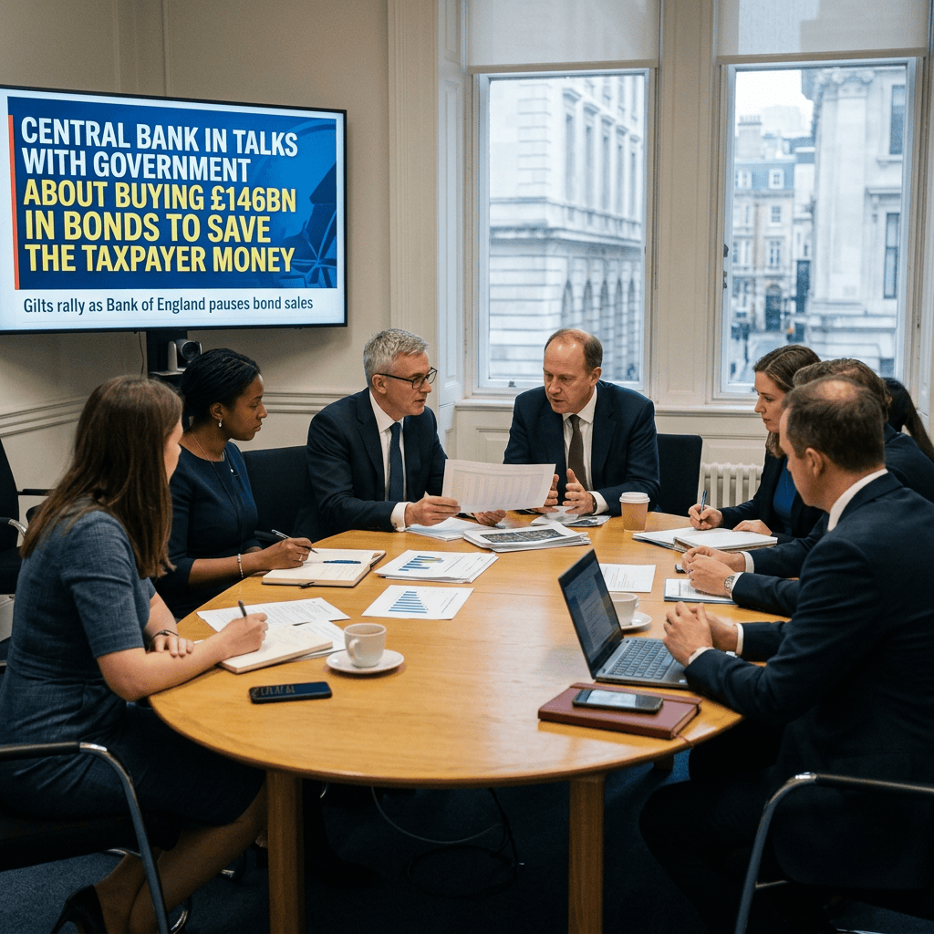 Officials meeting around a table beneath a headline about central bank bond purchases