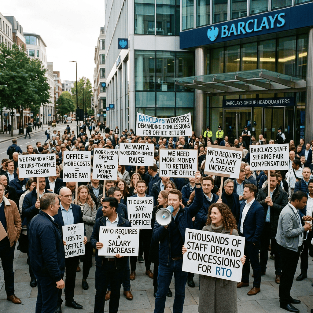 Crowd outside Barclays Group Headquarters holding signs: Barclays workers demanding concessions for office return; we demand a fair return-to-office concession; office equals more costs equals more pay; work from office, we need more money; we want a work-from-office raise; we need more money to return to the office; WFO requires a salary increase; Barclays staff seeking fair compensation; thousands say fair pay office; pay us to office commute; thousands of staff demand concessions for RTO.