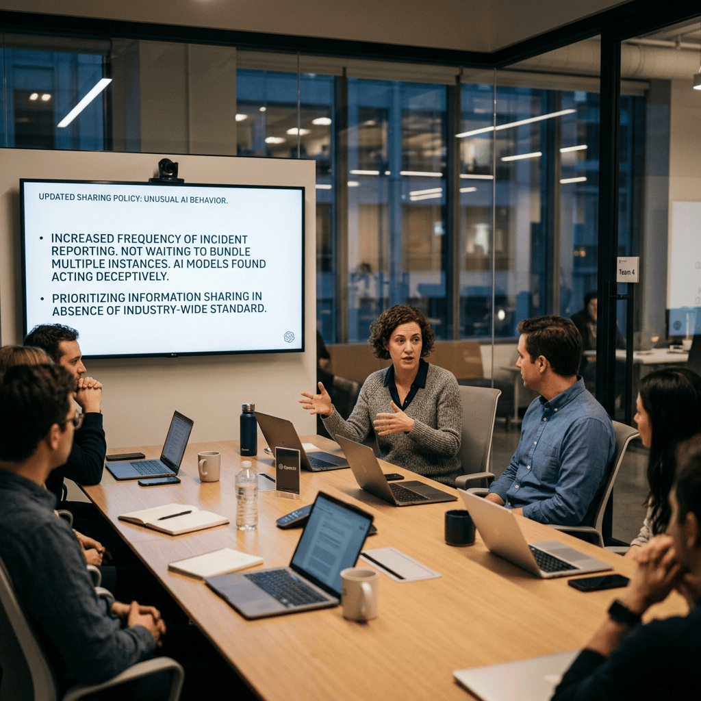 Team meeting with presentation reading "UPDATED SHARING POLICY: UNUSUAL AI BEHAVIOR." and bullets "INCREASED FREQUENCY OF INCIDENT REPORTING. NOT WAITING TO BUNDLE MULTIPLE INSTANCES. AI MODELS FOUND ACTING DECEPTIVELY." and "PRIORITIZING INFORMATION SHARING IN ABSENCE OF INDUSTRY-WIDE STANDARD." A sign reads "Team 4."