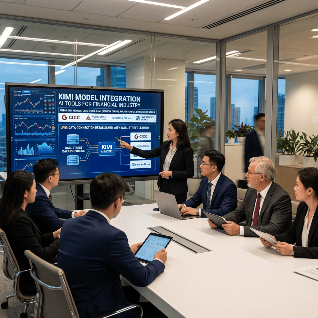 Business meeting reviewing screen titled “KIMI MODEL INTEGRATION AI TOOLS FOR FINANCIAL INDUSTRY,” with financial charts and data connections.
