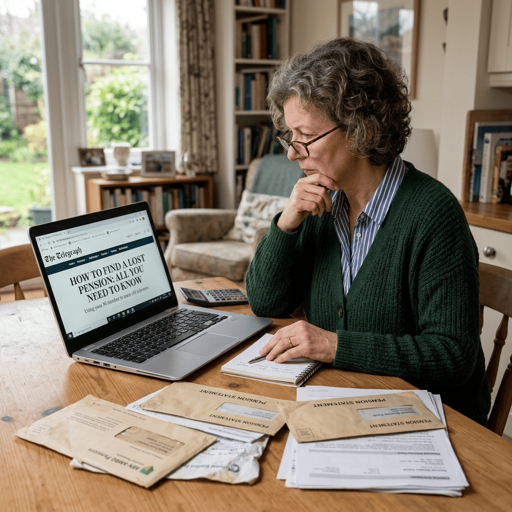 Woman reviewing pension documents beside laptop showing lost pension guidance