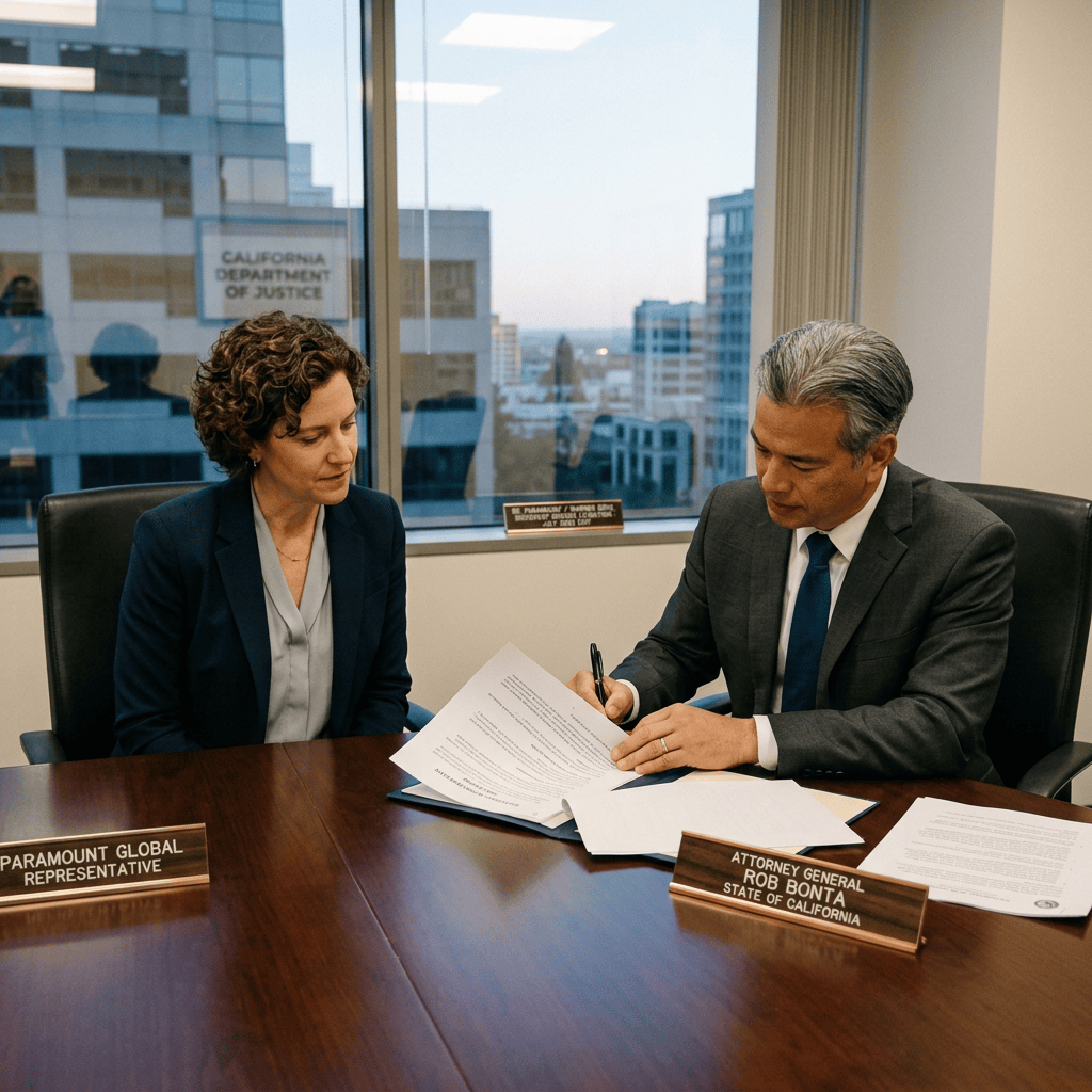 Paramount Global representative and Attorney General Rob Bonta reviewing documents