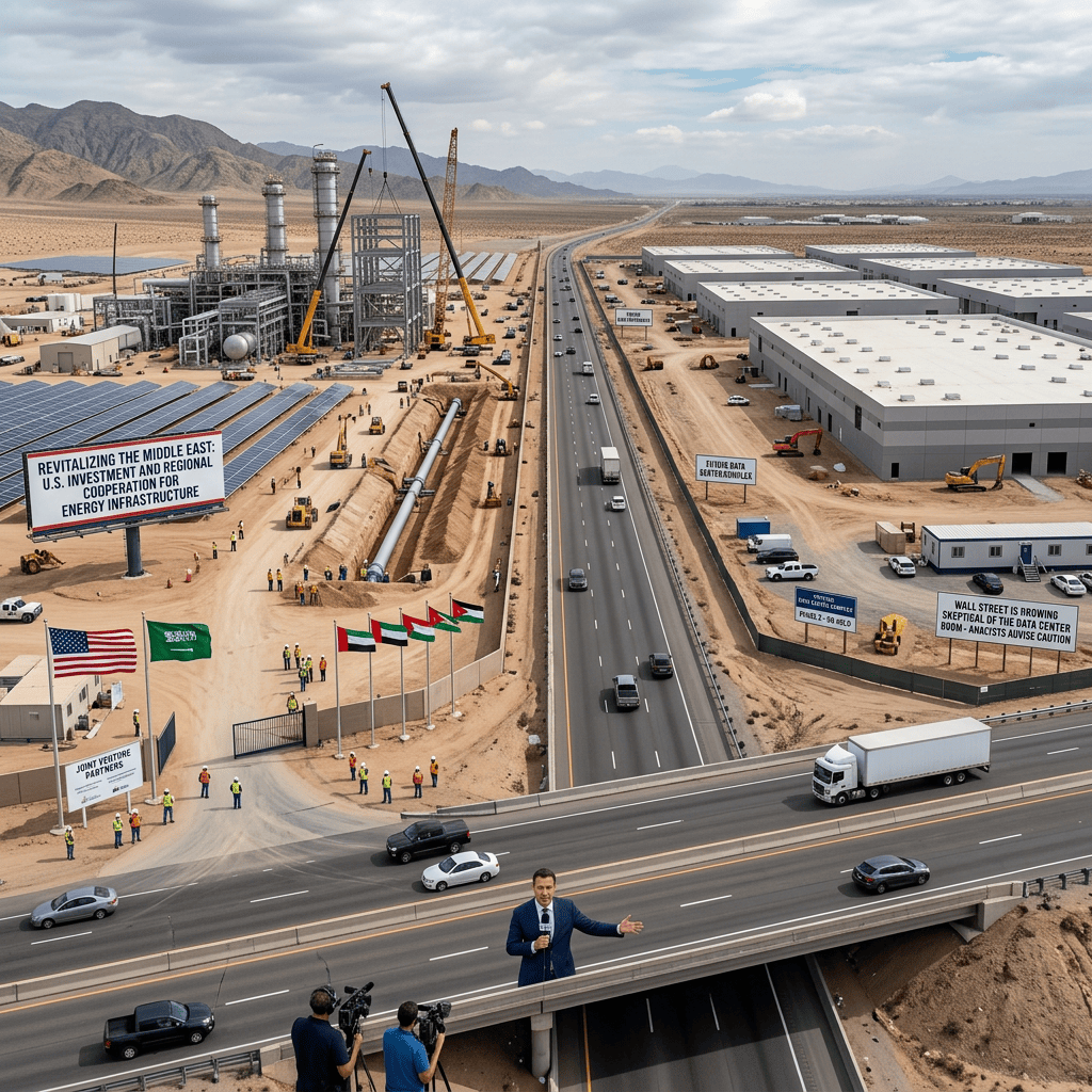 Desert energy and data center construction beside highways, with investment signs