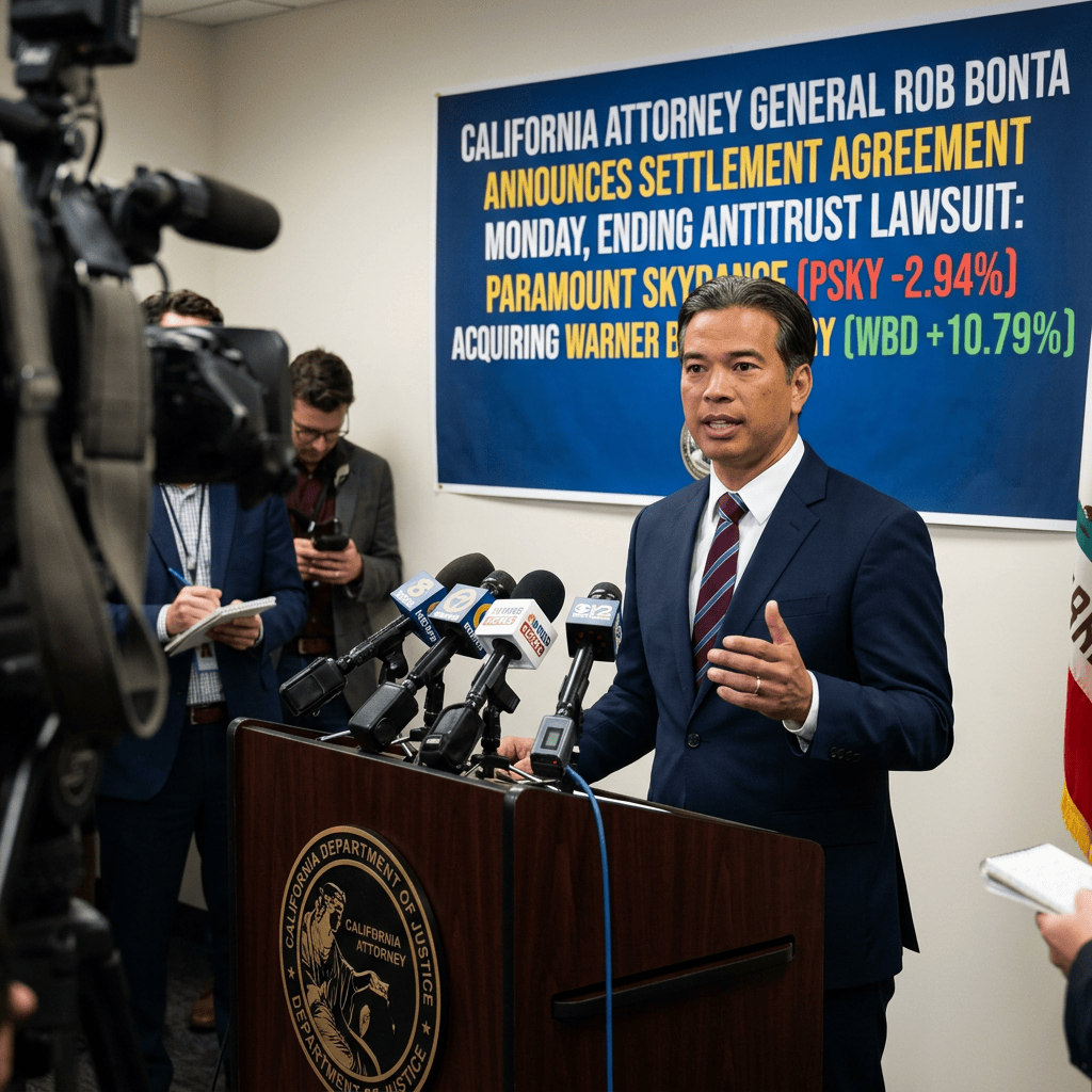Rob Bonta speaks at a California Justice Department podium; sign announces settlement agreement ending antitrust lawsuit involving Paramount Skydance and Warner Bros. Discovery.
