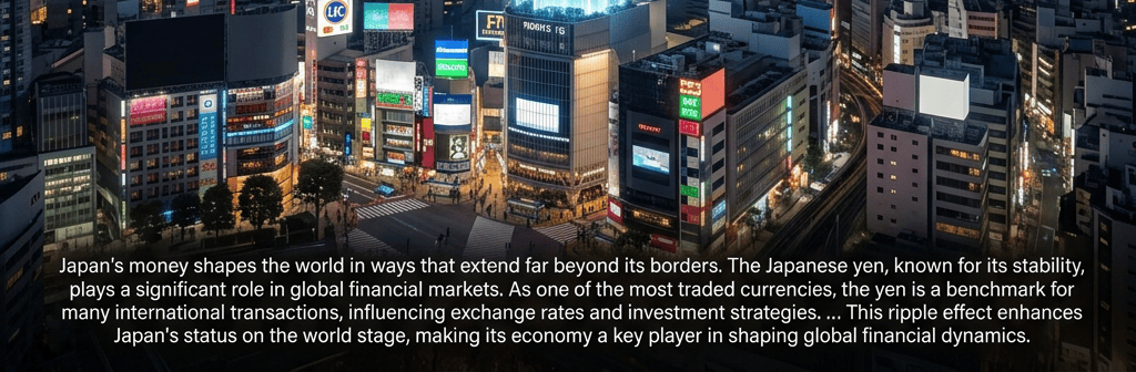Japanese yen symbol over Tokyo with global trade, investment, and exchange-rate labels
