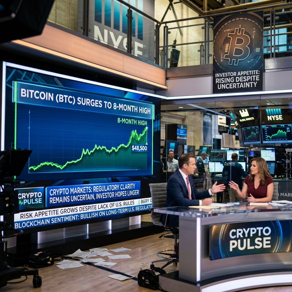 Crypto Pulse studio showing Bitcoin surging to an eight-month high at $48,500