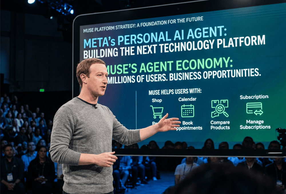 Speaker beside slide reading “Meta’s Personal AI Agent,” “Muse’s Agent Economy,” and services including shop, calendar, book appointments, compare products, and manage subscriptions.