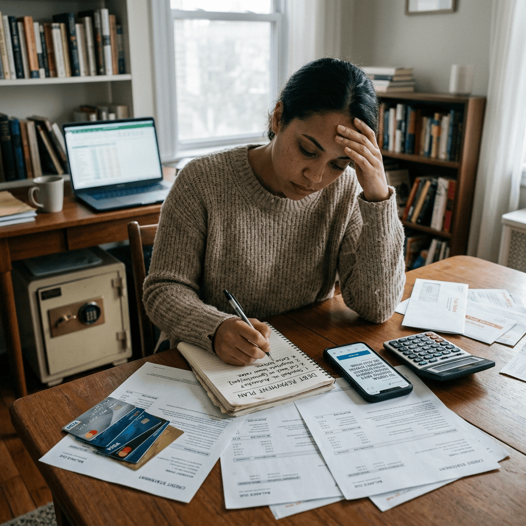 Woman reviewing bills and writing a debt repayment plan