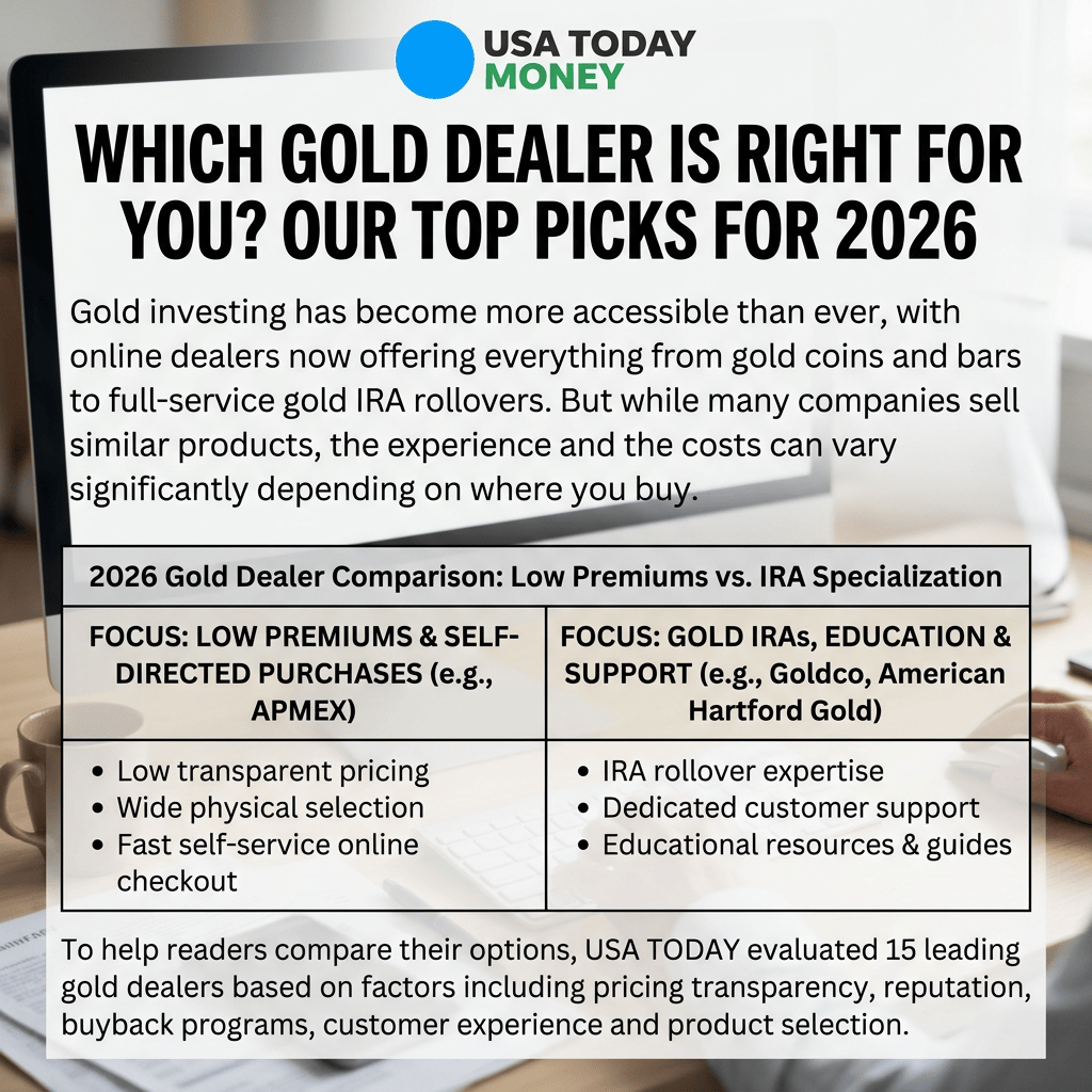 USA TODAY Money: Which gold dealer is right for you? Our top picks for 2026. Gold investing has become more accessible than ever, with online dealers offering gold coins, bars, and full-service gold IRA rollovers. 2026 Gold Dealer Comparison: Low Premiums vs. IRA Specialization. Low premiums and self-directed purchases, such as APMEX: low transparent pricing, wide physical selection, fast self-service online checkout. Gold IRAs, education and support, such as Goldco and American Hartford Gold: IRA rollover expertise, dedicated customer support, educational resources and guides. USA TODAY evaluated 15 leading gold dealers based on pricing transparency, reputation, buyback programs, customer experience and product selection.