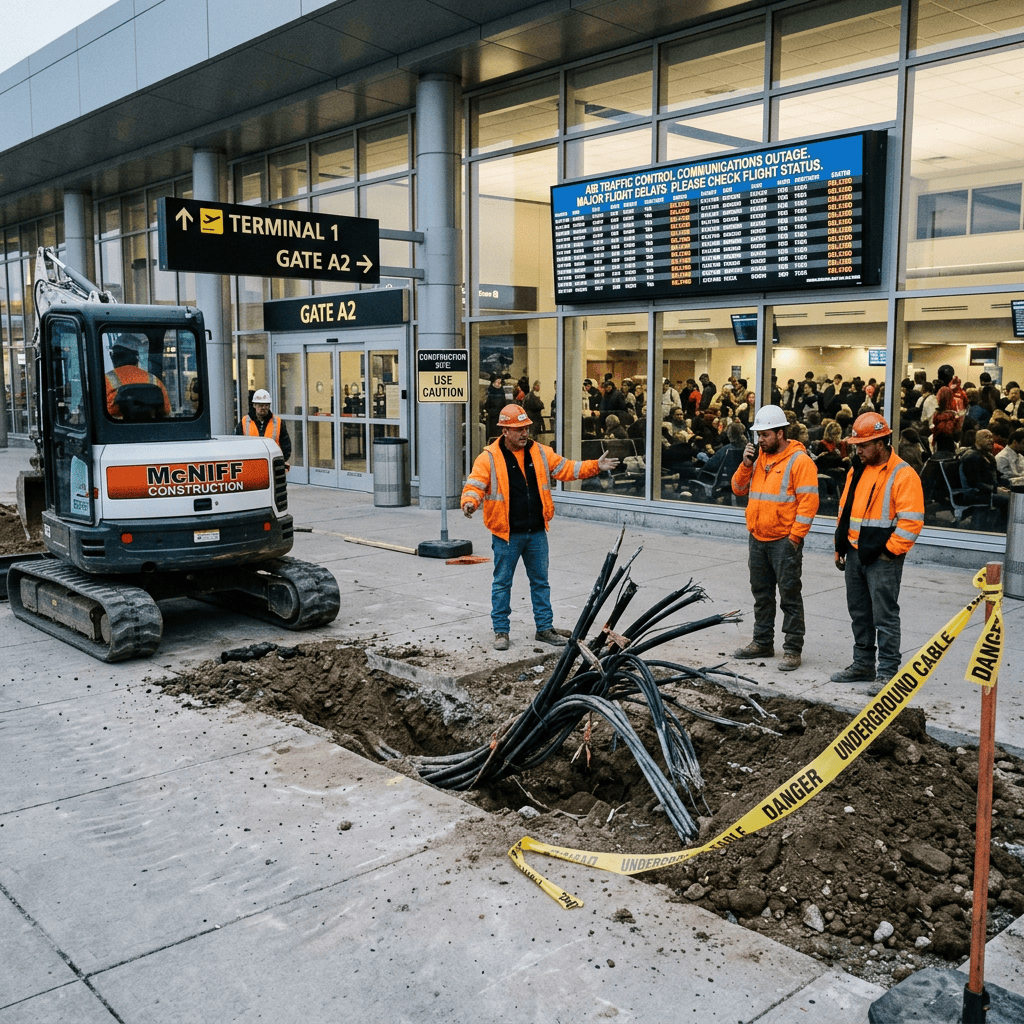 Construction trench and workers outside Terminal 1, Gate A2, amid flight delays
