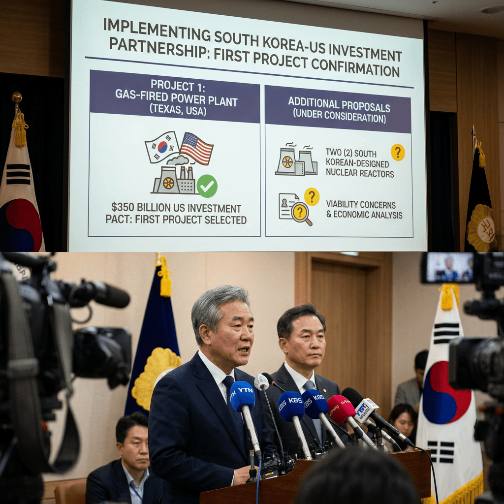 Press briefing with slide reading "IMPLEMENTING SOUTH KOREA-US INVESTMENT PARTNERSHIP: FIRST PROJECT CONFIRMATION," featuring a Texas gas-fired power plant, $350 billion US investment pact, and proposals for South Korean-designed nuclear reactors.