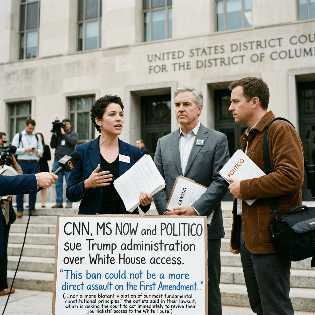 People hold CNN, MS NOW, POLITICO, and LAWSUIT materials beside sign: “CNN, MS NOW and POLITICO sue Trump administration over White House access.”