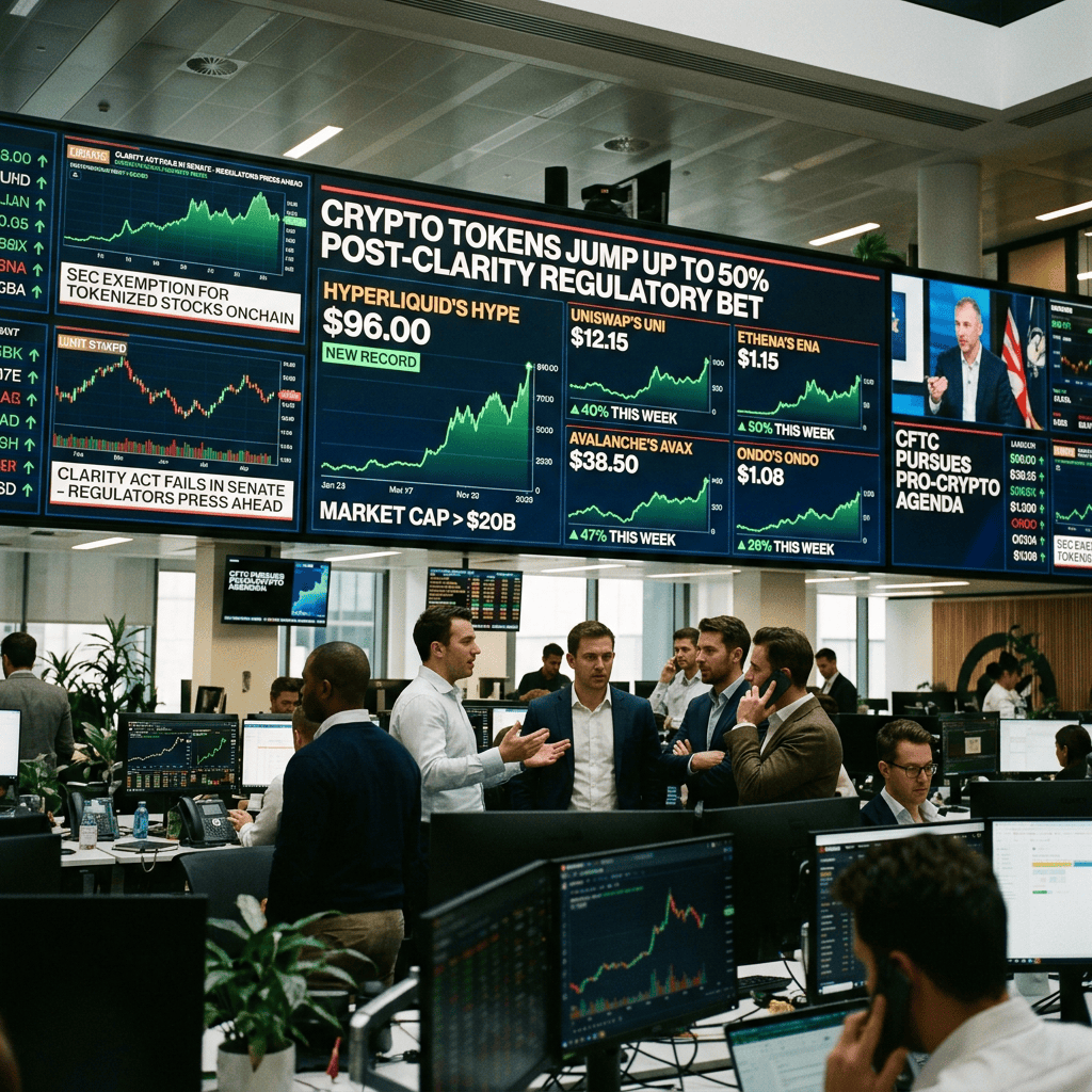 Crypto trading floor with screens showing tokens jumping up to 50 percent