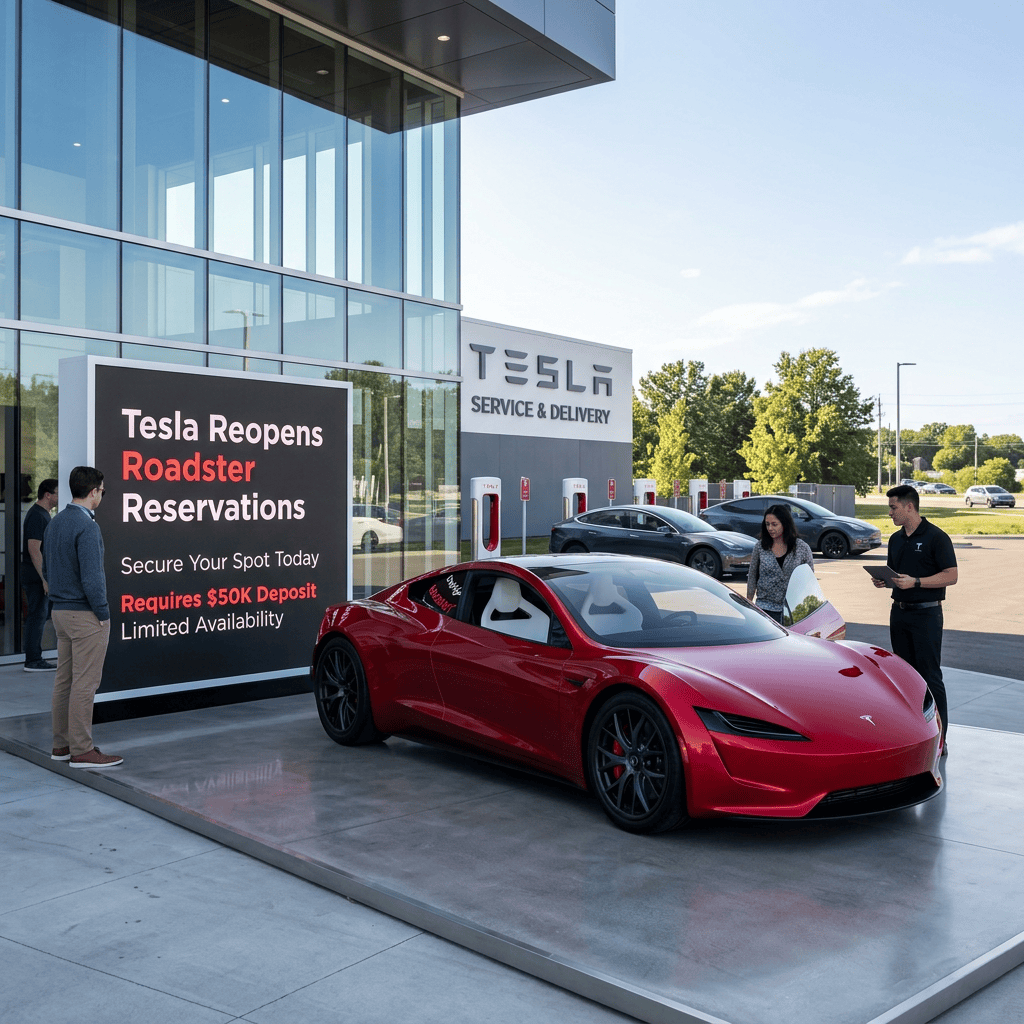 Red Tesla Roadster outside Tesla Service & Delivery with sign reading: Tesla Reopens Roadster Reservations; Secure Your Spot Today; Requires $50K Deposit; Limited Availability.