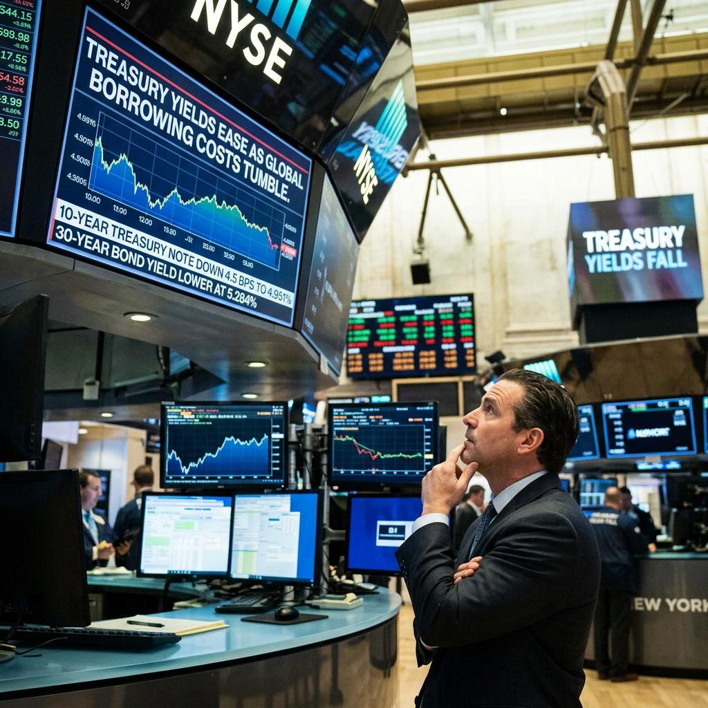 Trader on NYSE floor viewing screens reading Treasury yields ease as global borrowing costs tumble