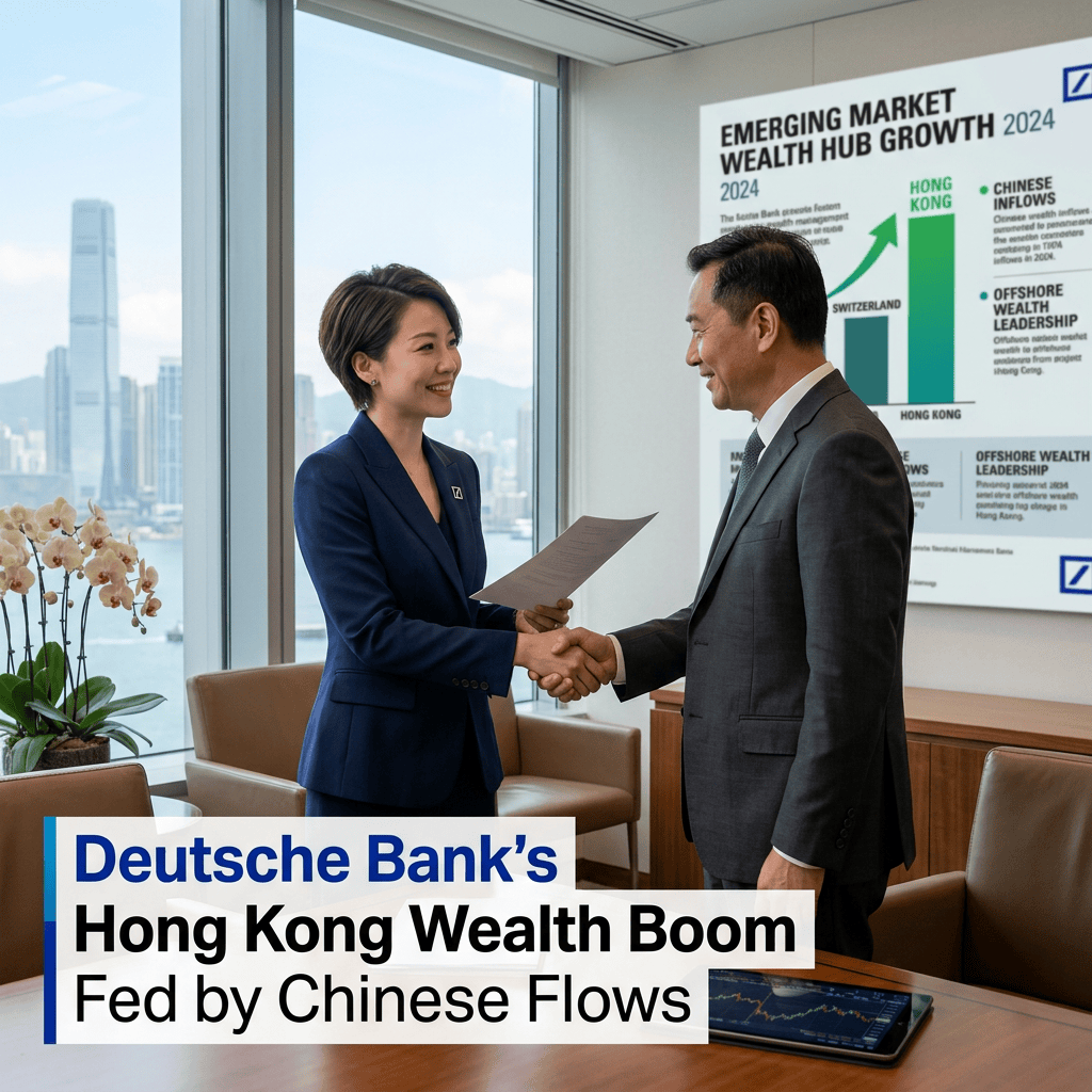Two professionals shake hands beside a chart reading “EMERGING MARKET WEALTH HUB GROWTH 2024”; overlay reads “Deutsche Bank’s Hong Kong Wealth Boom Fed by Chinese Flows.”