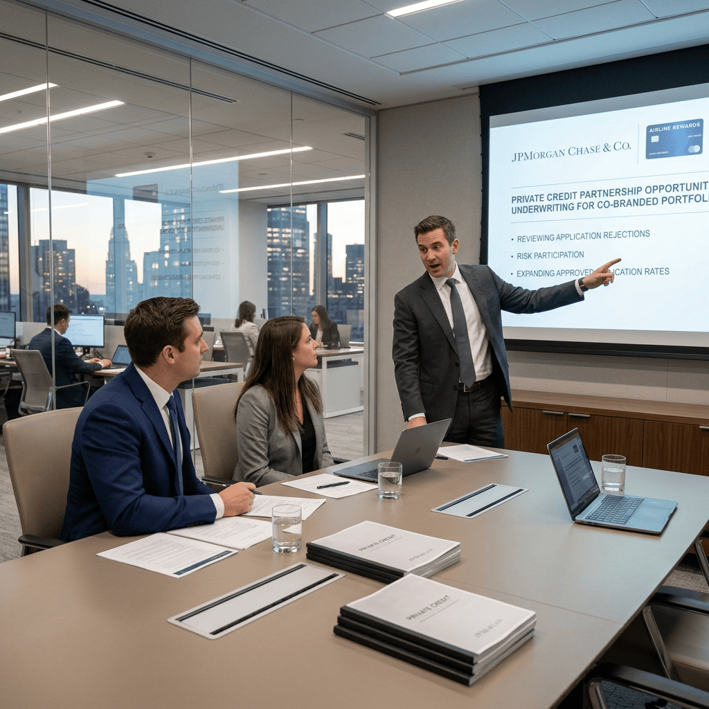 Business meeting with JPMorgan Chase slide reading Private Credit Partnership Opportunity, Underwriting for Co-Branded Portfolios, and related bullet points