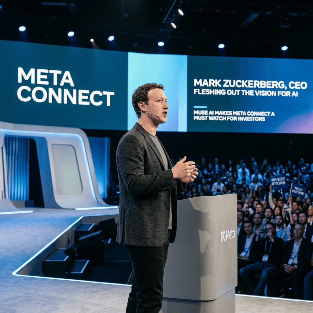 Mark Zuckerberg speaking at Meta Connect beneath an AI vision presentation