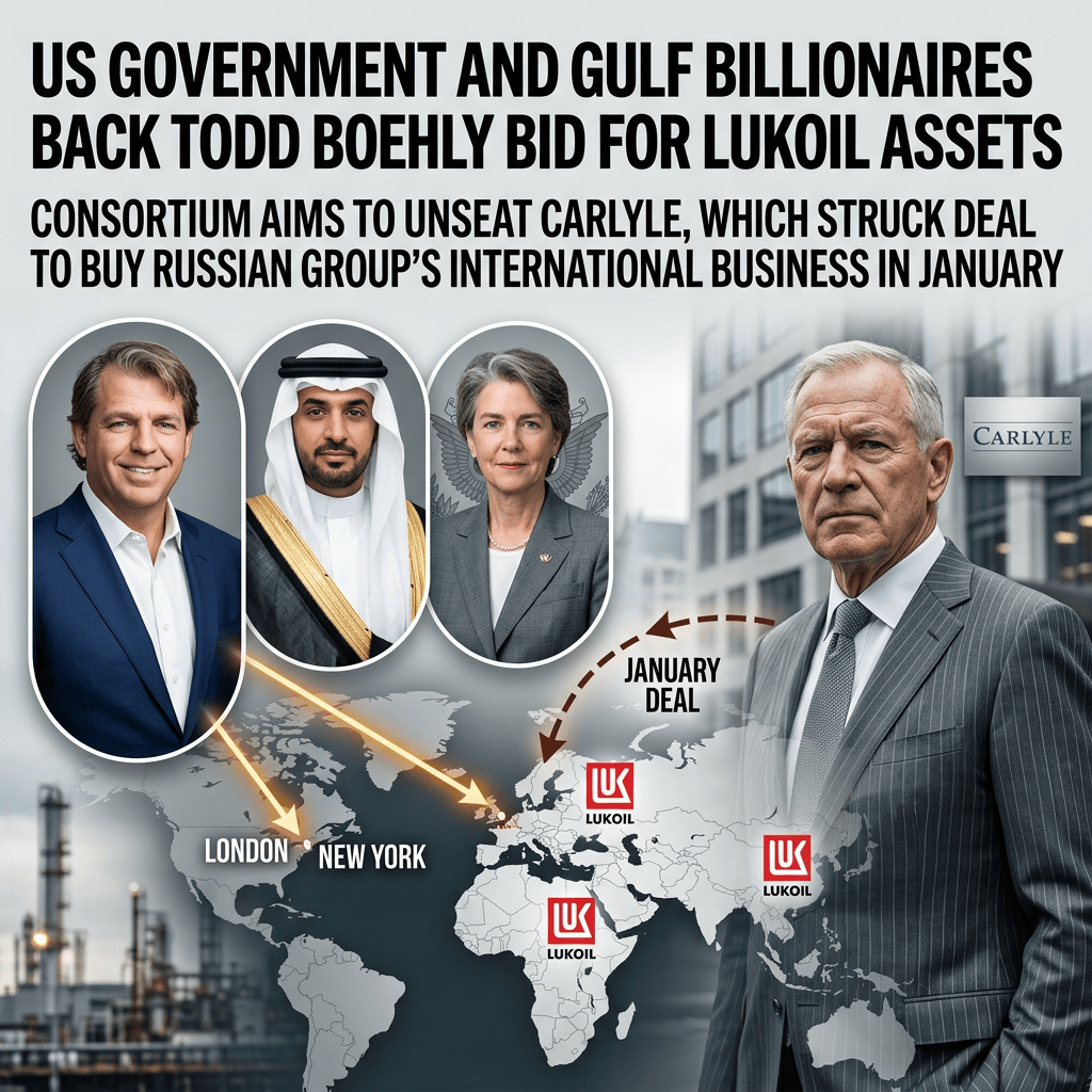 US GOVERNMENT AND GULF BILLIONAIRES BACK TODD BOEHLY BID FOR LUKOIL ASSETS. CONSORTIUM AIMS TO UNSEAT CARLYLE, WHICH STRUCK DEAL TO BUY RUSSIAN GROUP’S INTERNATIONAL BUSINESS IN JANUARY. Labels: LONDON, NEW YORK, JANUARY DEAL, LUKOIL, CARLYLE.
