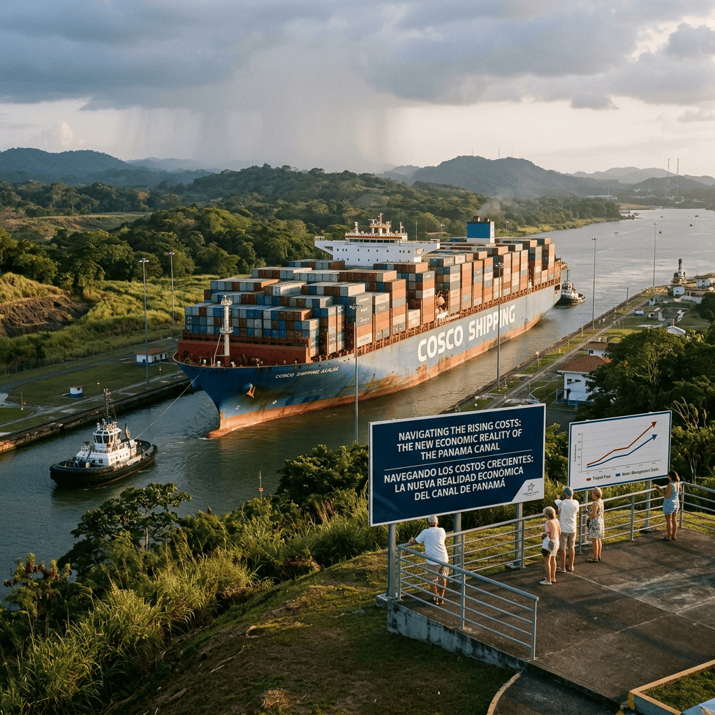 COSCO SHIPPING ALIANCE container ship in Panama Canal with bilingual sign reading NAVIGATING THE RISING COSTS: THE NEW ECONOMIC REALITY OF THE PANAMA CANAL / NAVEGANDO LOS COSTOS CRECIENTES: LA NUEVA REALIDAD ECONÓMICA DEL CANAL DE PANAMÁ and a rising-cost chart.