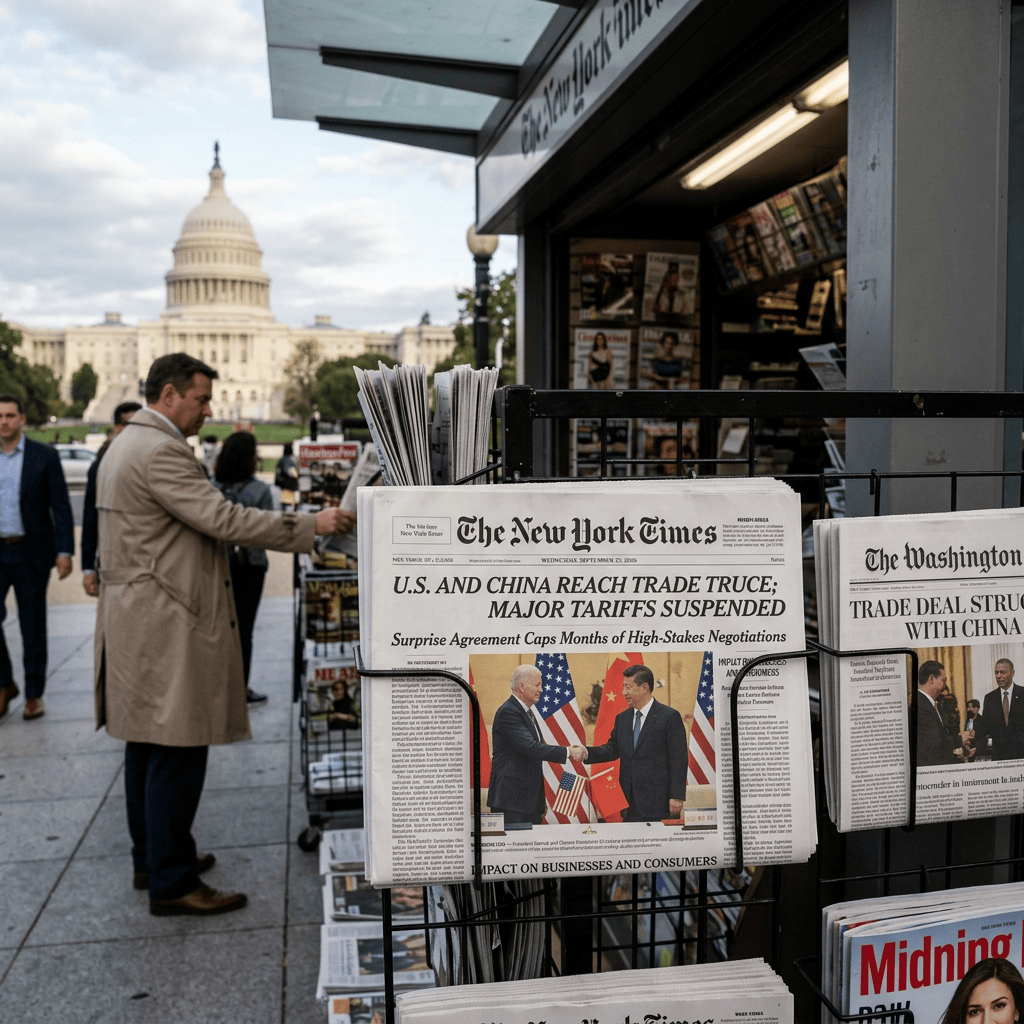 Newspapers reporting suspended U.S.-China tariffs outside the U.S. Capitol