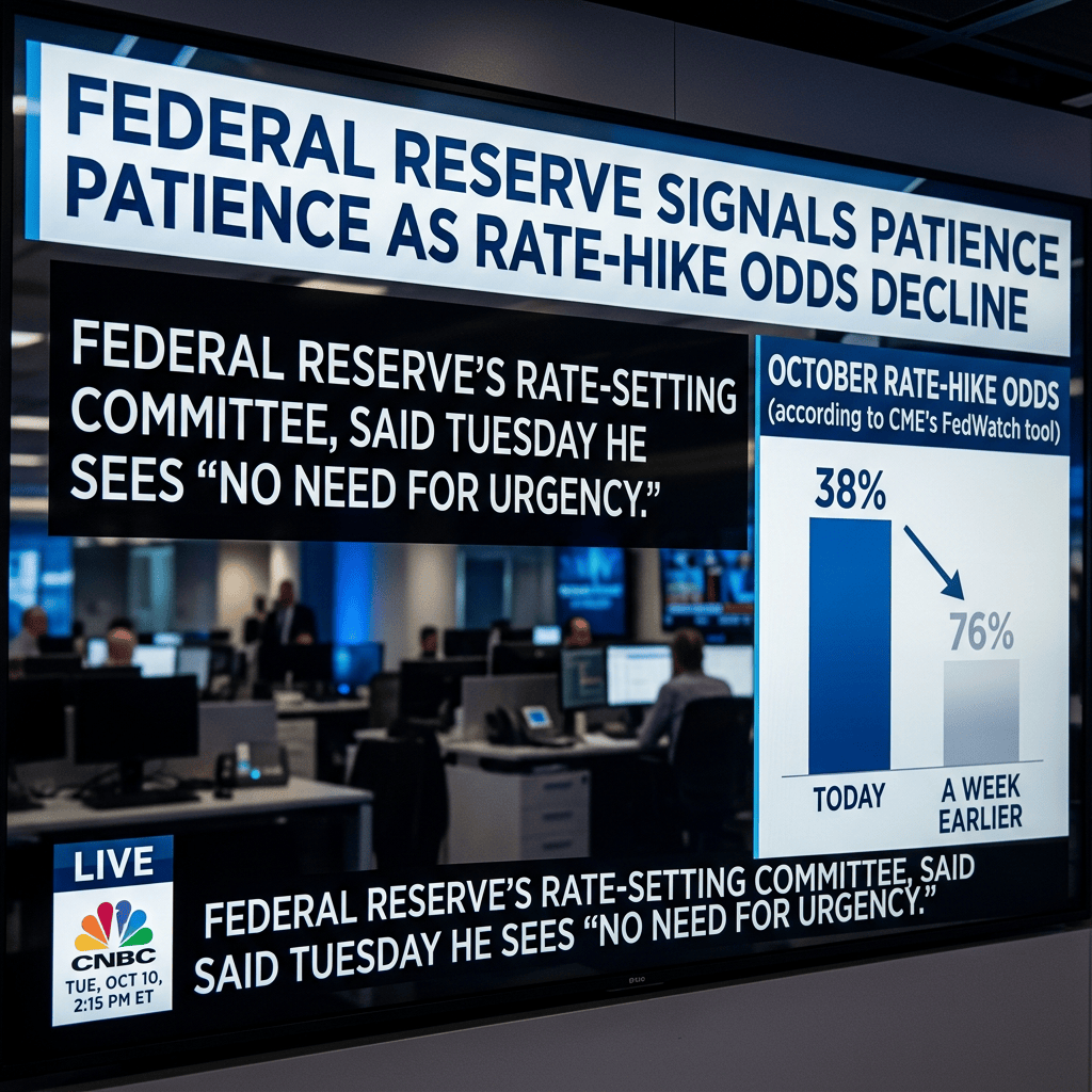 Federal Reserve signals patience as rate-hike odds decline; October odds fall from 76% to 38%.