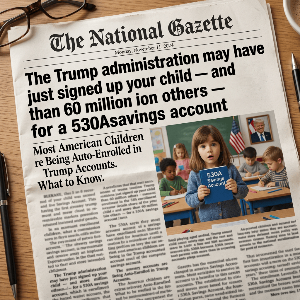The National Gazette, Monday, November 11, 2024; headline: “The Trump administration may have just signed up your child — and more than 60 million others — for a 530A savings account”; subheadline: “Most American Children are Being Auto-Enrolled in Trump Accounts. What to Know.”