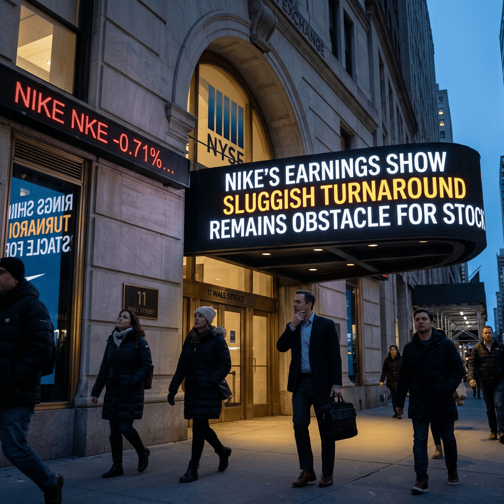Wall Street marquee reads, “Nike’s earnings show sluggish turnaround remains obstacle for stock.”