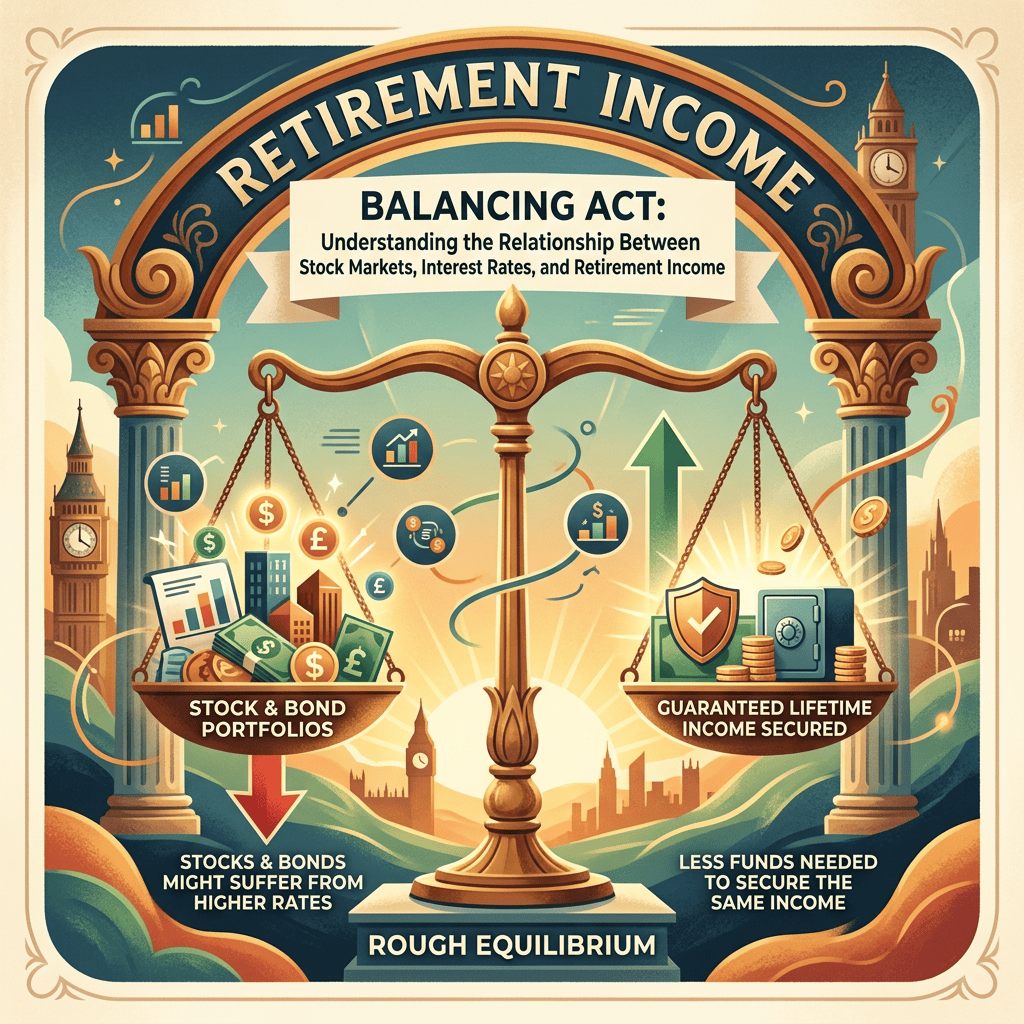 RETIREMENT INCOME. BALANCING ACT: Understanding the Relationship Between Stock Markets, Interest Rates, and Retirement Income. STOCK & BOND PORTFOLIOS. STOCKS & BONDS MIGHT SUFFER FROM HIGHER RATES. GUARANTEED LIFETIME INCOME SECURED. LESS FUNDS NEEDED TO SECURE THE SAME INCOME. ROUGH EQUILIBRIUM.
