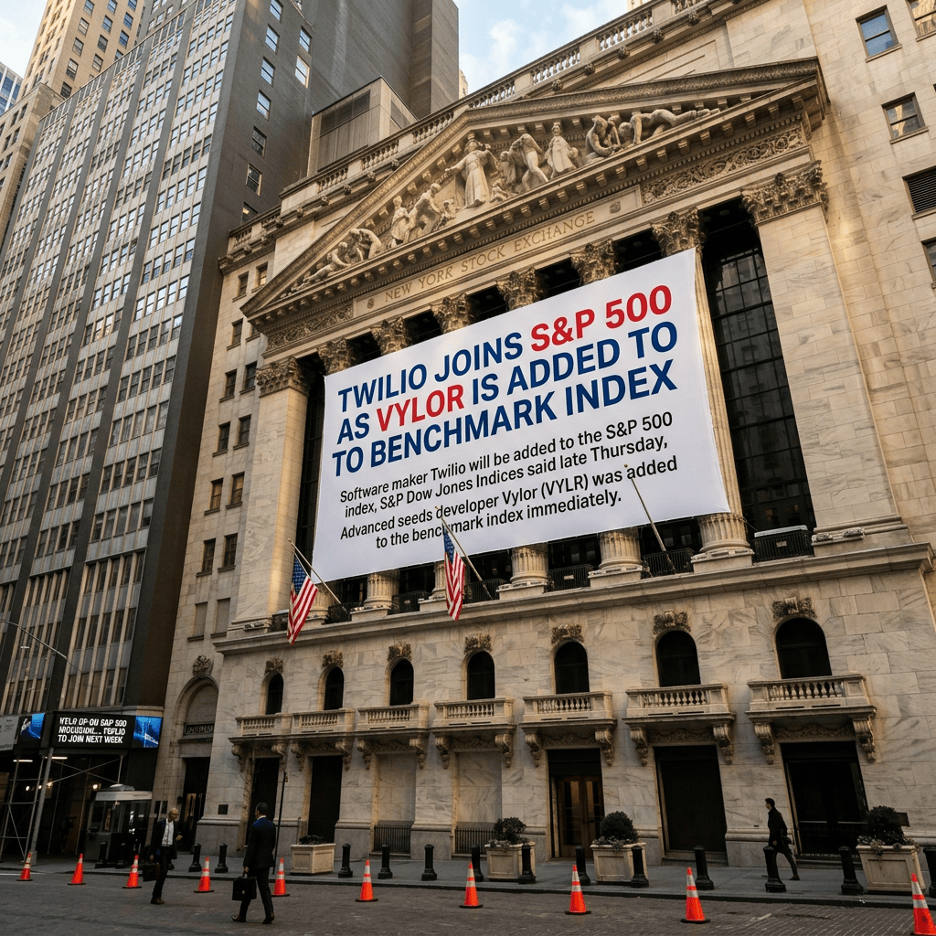NYSE banner reads: Twilio joins S&P 500 as Vylor is added to benchmark index