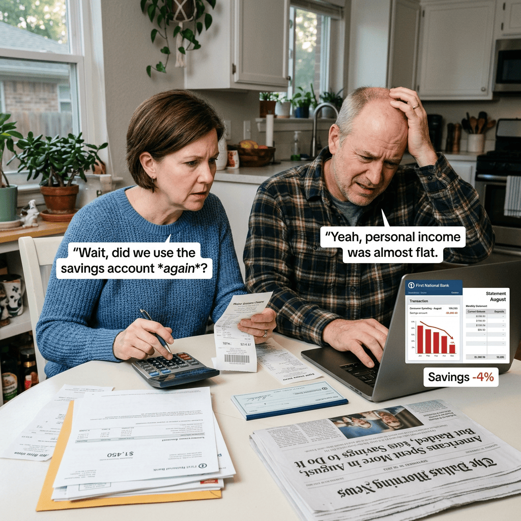 Couple reviewing finances with text “Savings -4%” and speech bubbles about savings and income.