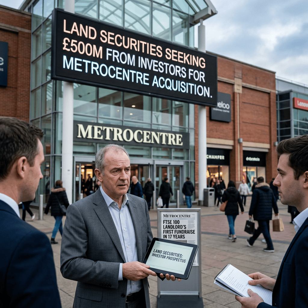 Spokesperson holds prospectus outside Metrocentre; sign reads, “Land Securities seeking £500m from investors for Metrocentre acquisition.”