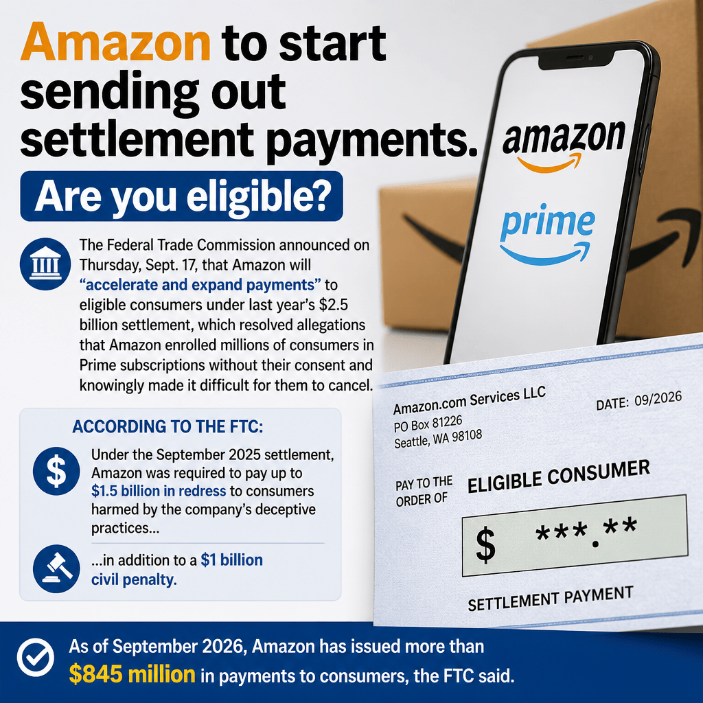 Amazon to start sending out settlement payments. Are you eligible? The FTC announced Amazon will accelerate and expand payments to eligible consumers under last year’s $2.5 billion settlement. According to the FTC, Amazon was required to pay up to $1.5 billion in redress and a $1 billion civil penalty. As of September 2026, Amazon has issued more than $845 million in payments to consumers. Amazon.com Services LLC, eligible consumer settlement payment check dated 09/2026.