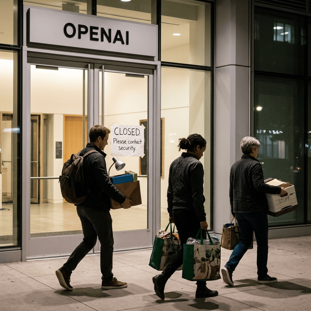 Three people carrying belongings past a closed entrance marked OPEN AI