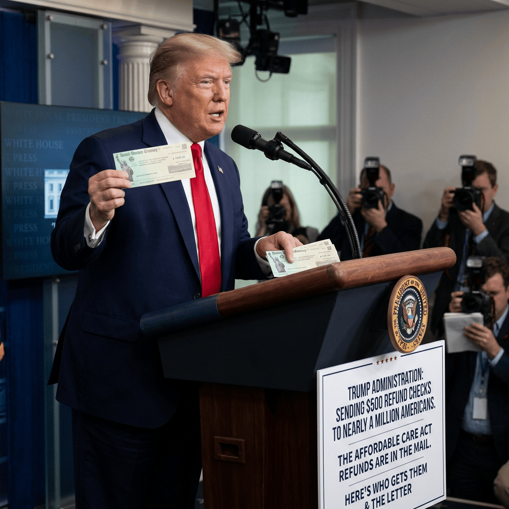 Donald Trump holds checks beside a sign reading “TRUMP ADMINISTRATION: SENDING $500 REFUND CHECKS TO NEARLY A MILLION AMERICANS. THE AFFORDABLE CARE ACT REFUNDS ARE IN THE MAIL, HERE’S WHO GETS THEM & THE LETTER.”