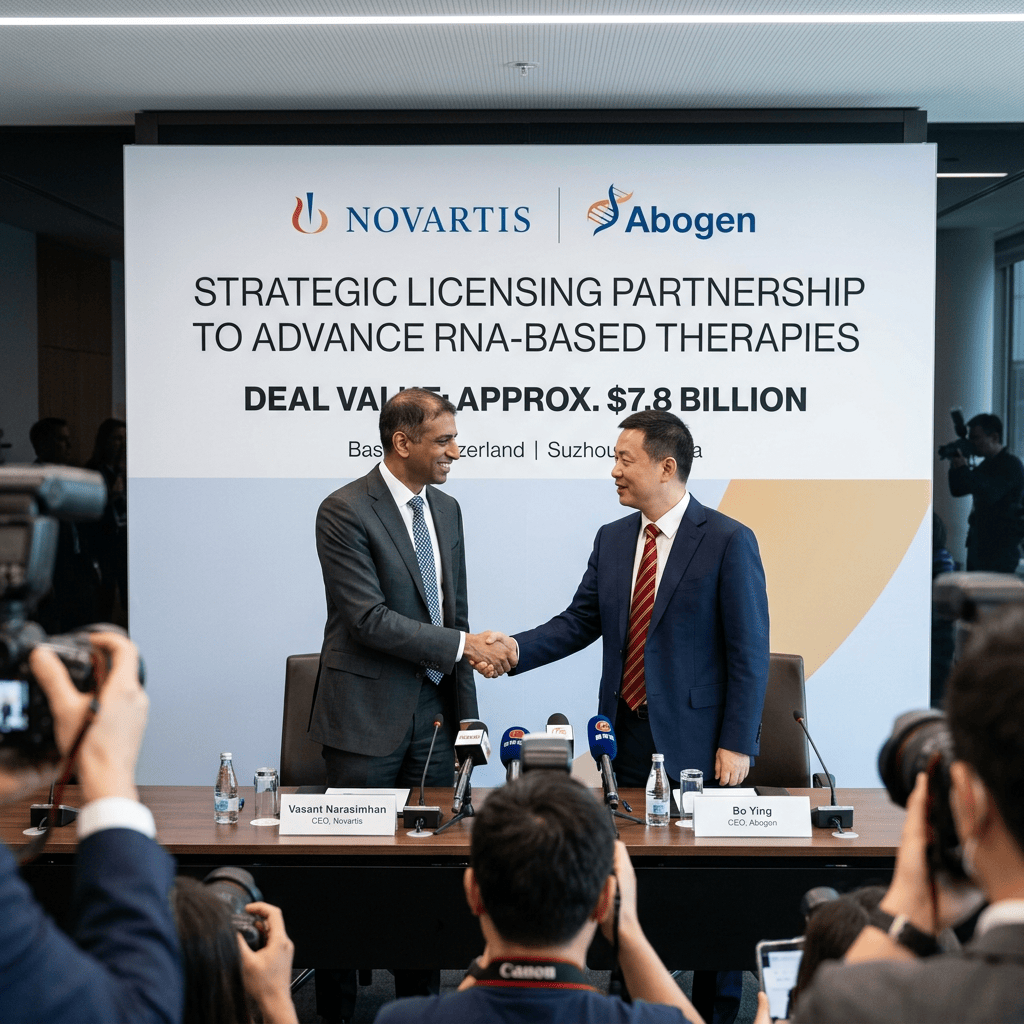 Novartis Abogen strategic licensing partnership to advance RNA-based therapies; deal value approx. $7.8 billion; Basel, Switzerland | Suzhou, China; CEOs Vasant Narasimhan and Bo Ying shake hands.