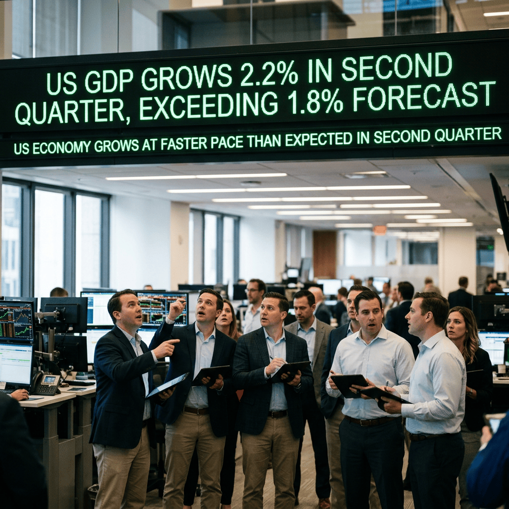 Ticker reads: US GDP GROWS 2.2% IN SECOND QUARTER, EXCEEDING 1.8% FORECAST; US ECONOMY GROWS AT FASTER PACE THAN EXPECTED IN SECOND QUARTER.