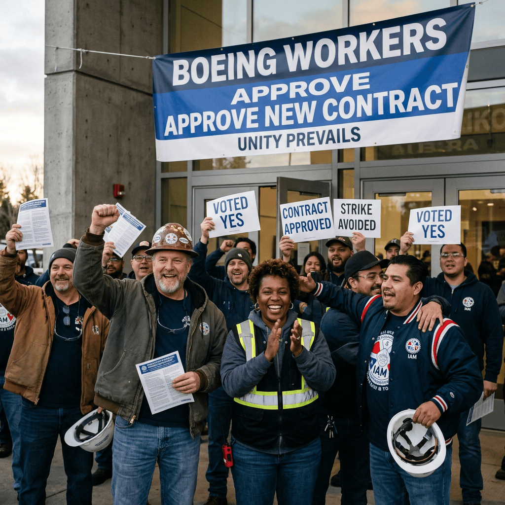 Boeing workers hold signs reading “BOEING WORKERS APPROVE,” “APPROVE NEW CONTRACT,” “UNITY PREVAILS,” “VOTED YES,” “CONTRACT APPROVED,” and “STRIKE AVOIDED.”