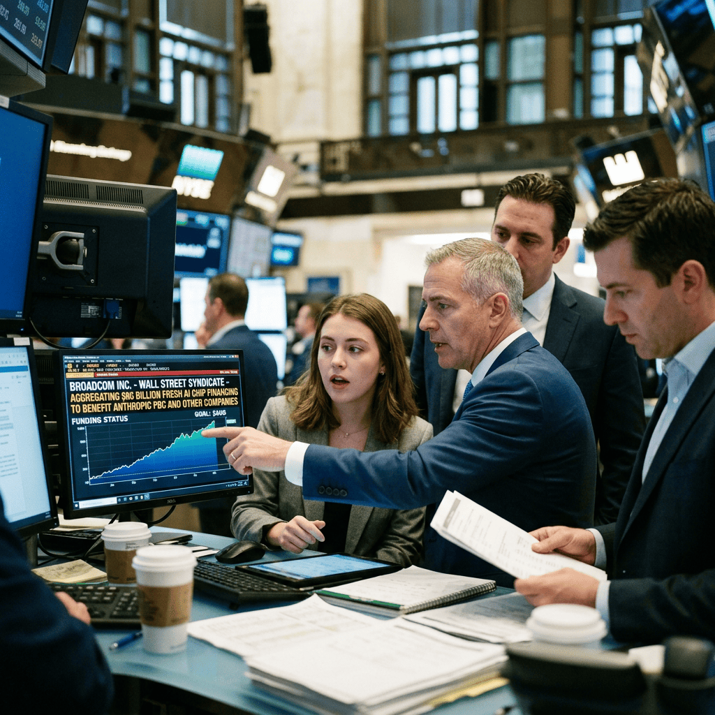 Analysts reviewing a rising Broadcom stock chart on trading-floor monitors