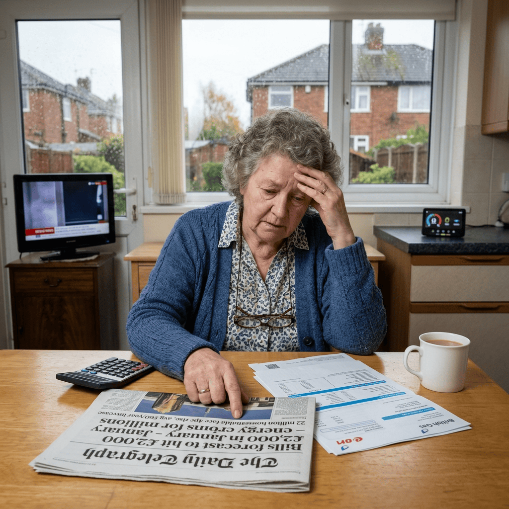Older woman reviewing bills beside newspaper and calculator at kitchen table