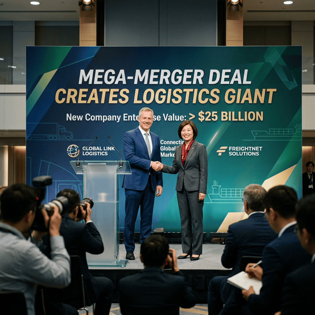 Press conference banner reads “MEGA-MERGER DEAL CREATES LOGISTICS GIANT,” “New Company Enterprise Value: > $25 BILLION,” “GLOBAL LINK LOGISTICS,” and “FREIGHTNET SOLUTIONS,” with two executives shaking hands.